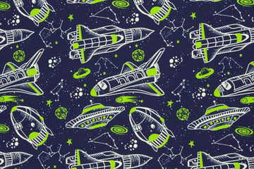NANO-Softshell "Fiete" mit Raketen und UFOs, Swafing, dunkelblau, grün, 0,5 m